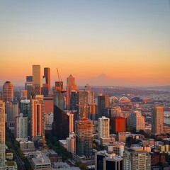 Skyline of Seattle at Sunset - View from Space Needle - obrazy, fototapety, plakaty