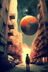 In the foreground door monn big city in the background clouds wall magick sky surrealism hypermaximalist poster grunge epic vibrant colors hyper epic scene madnessinducing HD HDR 