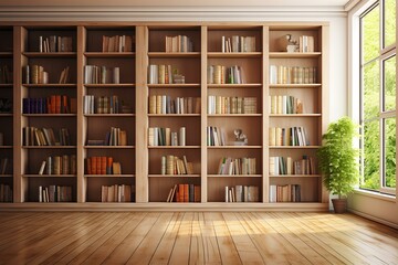 Light colored wooden floors and a wall of bookcases with many books, natural light, high quality photo