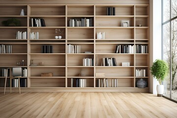 Light colored wooden floors and a wall of bookcases with many books, natural light, high quality photo - obrazy, fototapety, plakaty