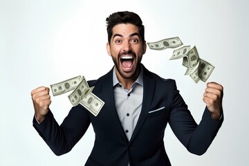 Employee is happy to receive company bonuses,isolated white background