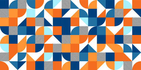 Geometric trendy pattern, Bauhaus style. Modern colorful background with simple elements. Retro texture with basic geometric shapes. Print design, minimalist poster cover. Vector illustration