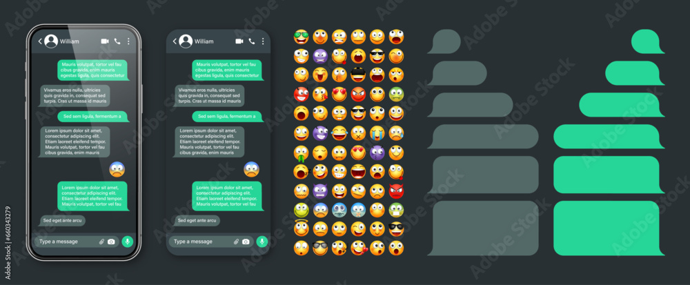 Poster smartphone messaging app, user interface with emoji. sms text frame. chat screen, green message bubb