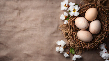 Fototapeta na wymiar Easter decoration with egg in nest and cotton on brown background