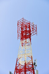Telecommunication tower of 4G and 5G cellular. Cell Site Base Station. Wireless Communication Antenna Transmitter. Telecommunication tower with antennas sky background
