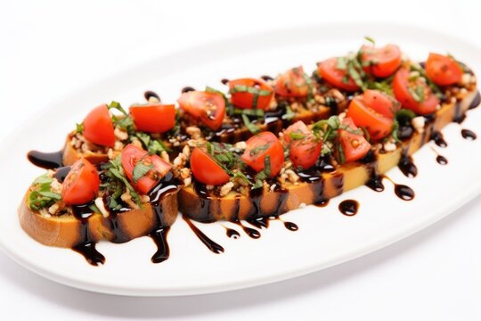 picture of bruschetta with sliced tomatoes and balsamic glaze on a clean white backdrop