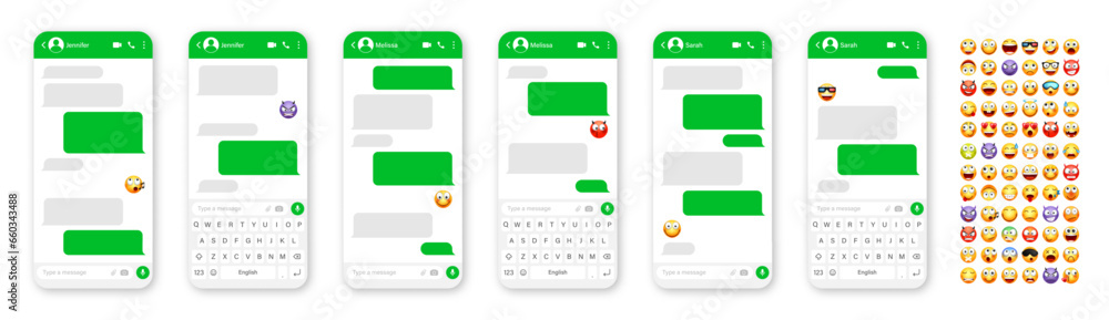 Fototapete smartphone messaging app, user interface design with emoji. sms text frame. chat screen with green m