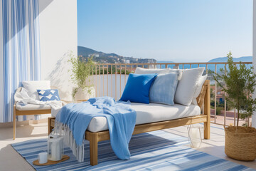 Cozy minimalistic balcony design. Blue and white colors