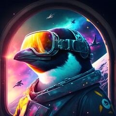a penguin in sunglasses at a space station aliens scifi futuristic stars galaxies outer space synthwave 