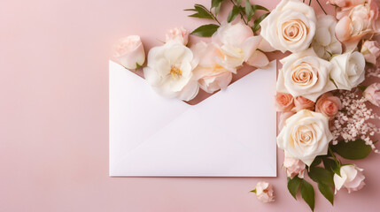 Envelop with white card and rose background. Top view