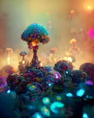 giant multiple detailed exploding ultra colorful ornate mushrooms bubbles intricate ultra photorealistic volumetric lighting octane render glowing back lit art station abstract floating hot particles 