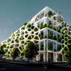 a moduled Glazing building facade inspired by a geodesic structure Concrete Biomimicry Plants Green facades Organic Volumetric light Urban environment Sustainable 
