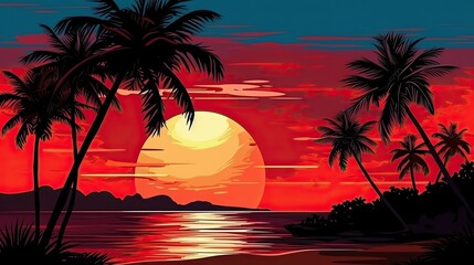 Beautiful sunset .Silhouetted of coconut tree