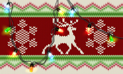 Christmas garland on a christmas sweater background.Winter pattern with  deers and  snowflakes . Christmas Holiday poster with   scandinavian ornament