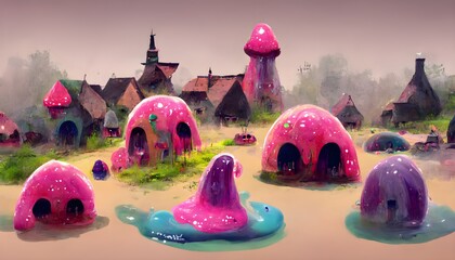 a fantasy slimepunk village populated with cute slime girls 