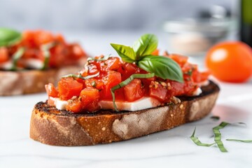 close-up of the basil-tomato topping on a bruschetta resting on a marble surface