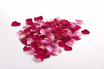 Heart-shaped rose petals on white background. Generative AI