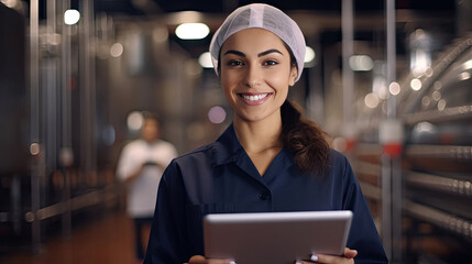 a Positive smiling female technologist holding checklist inside the food processing factory. Industrial food. Generative Ai