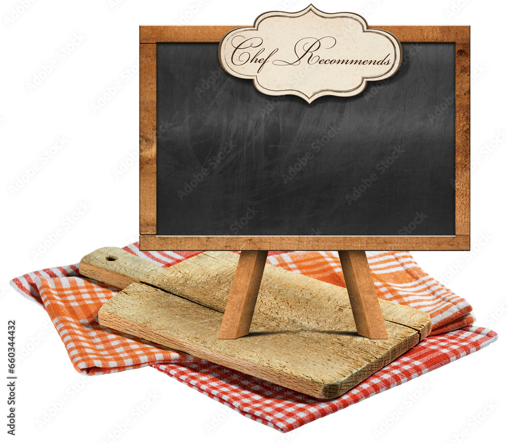 Aufkleber old wood cutting board and empty blackboard with copy space and a label with text chef recommends, o