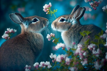 rabbit kissing under cherry flowers 