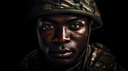 African man wearing camouflage uniform. Portrait of Black Soldier. Generative Ai