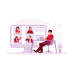 A young man having an online meeting with his friends virtually. Virtual Relationships concept. Trend Modern vector flat illustration