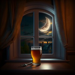 glass of beer on a table by the window at night with a crescent moon 