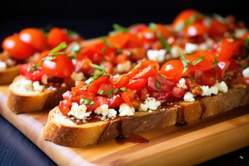 french loaf slices topped with goat cheese and diced tomatoes