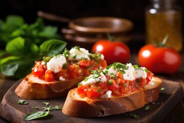 rustic setting of bruschetta with goat cheese sprinkled with pepper