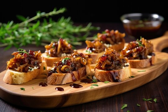 image of sliced goat cheese bruschetta with caramelized onion topping