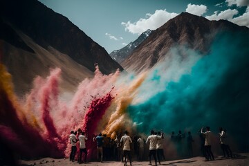 during the holi festival in India in front of a mountain a crowd of people throw multicolored powders 28 mm photograph 