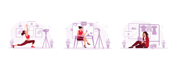 Fitness vlogger live broadcast. Female blogger showing healthy food. Recording a video of the clothing collection in the shop. Blogger concept. set trend modern vector flat illustration