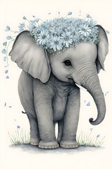 A cute drawing of a full body elephant from safari animals he has light blue flowers on her head white background 