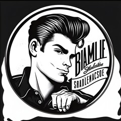 black and white circular pomade jar label logo a close up of a cartoon greaser combing his hair comb in hand running comb through his hair the name of the pomade is greaser 1950s style nostalgic 