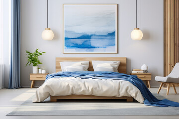 Modern cozy bedroom with blue, beige colors and wooden texture. 
