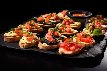 an assortment of bruschetta with hummus on a stylish black plate