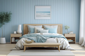 Fototapeta na wymiar Modern cozy bedroom with blue, beige colors and wooden texture. 