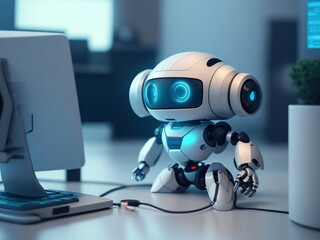 Tiny futuristic robot analyzing data on a futuristic office, office work, future, robot, technology, artificial inteligence