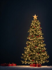 Beautiful glowing Christmas tree on a dark background, christmas decoration, star, black background