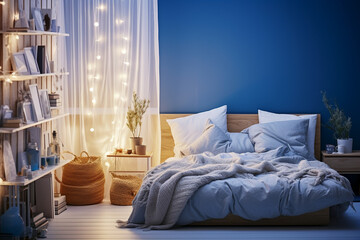 Modern cozy bedroom with blue, beige colors and wooden texture. 