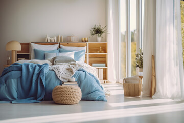 Modern cozy bedroom with blue, beige colors and wooden texture. 