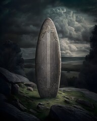 a photo of an ancient stone surfboard sticking out of a hill with forests and sky atmospheric lighting CGI rim lighting detailed 