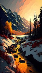 goldenyellow setting sun over a glacierblue stream with snow covered grey and black mountains within an autumn forest colorful leaves of amber yellow green fuscia lightorange red lightbrown 