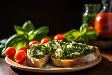light hitting a plate of freshly made pesto bruschetta