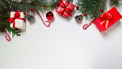 Presents, spruce tree branches, and red ornaments on a white backdrop. Captured from above with space for text
