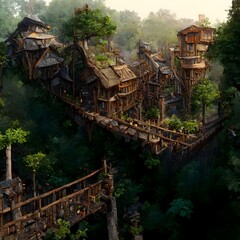 crisp fantasy detail realistic rendering fortified military village high in dense forest treetops wooden walkways living construction 
