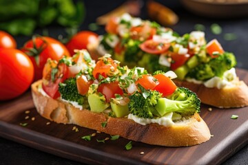 array of close-up bruschetta loaded with pickled broccoli
