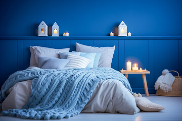 Fototapeta na wymiar Modern cozy bedroom with blue, beige colors and wooden texture. 