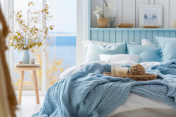 Modern cozy bedroom with blue, beige colors and wooden texture. 