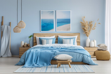 Modern cozy bedroom with blue, beige colors and wooden texture. 